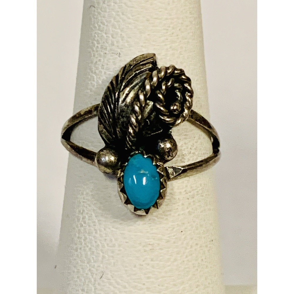 Vintage‎ Navajo Squash Blossom Sterling Silver Turquoise Ring Signed LD Size 6
